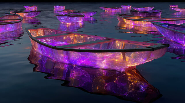 Futuristic floating boats illuminated with neon lights water night, glowing and reflecting vibrant colors creating surreal scene, glowing neon boats surreal efe bc aa ebadcaf gigapixel standard v x