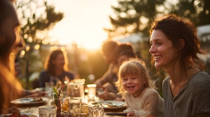 Family gathering at sunset with joyful woman and child at table  