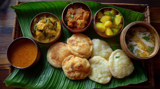 A festive thali of luchi, cholar dal, aloo curry, and payesh served on banana leaves, traditional Jormostomi