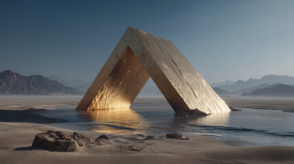 Large concrete structure resembling inverted arch partially submerged water desert landscape with mountains background, clear sky, creating surreal scene with reflections and shadows