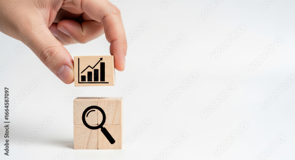 Poster hand placing growth chart block on magnifying glass block symbolizing business analysis and investme