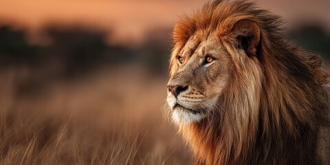 Majestic lion gazing into the horizon during sunset in the African savanna