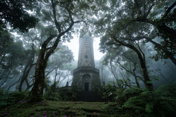 A large old bell on a mossy stone tower, morning mist enveloping it, a mysterious and magical atmosphere.