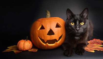 Black Cat and Jack-o_-Lantern Card on dark background