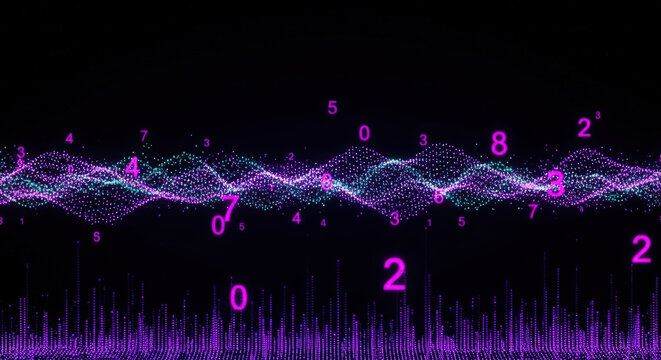 Abstract Data Visualization with Fluctuating Numbers and Waves A Dynamic Representation of Information Flow, Statistical Analysis, and Technological Communication on Black - Powered by Adobe