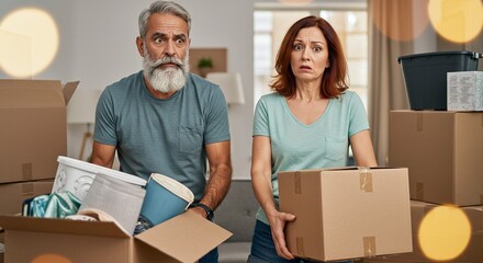 A middle-aged couple looks worriedly at the camera while holding moving boxes, surrounded by cardboard boxes, suggesting stress about relocation and changes in life