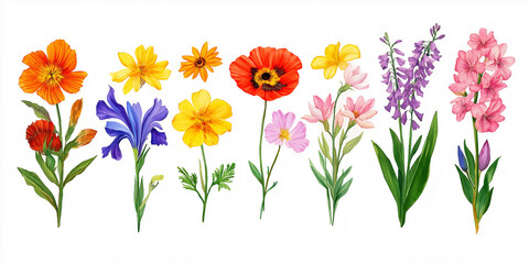Botanical illustration showcasing a diverse collection of vibrant wildflowers