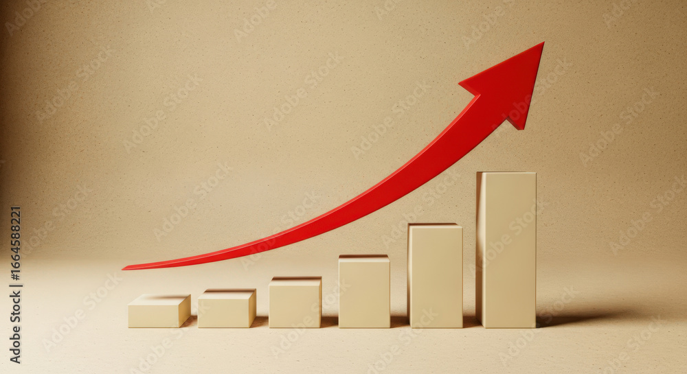 Poster rising bar graph with red arrow illustrating growth and progress on a textured beige background depi