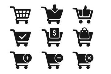 Shopping cart icon set. E-commerce silhouette symbols for web and app UI design. Add to cart, buy, checkout, remove item. Vector graphic element for online store and retail.