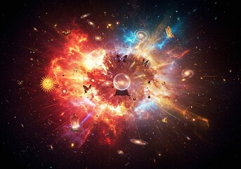 A vibrant cosmic explosion with a crystal ball at the center, depicting a universe of possibilities and interconnectedness, against a starry background