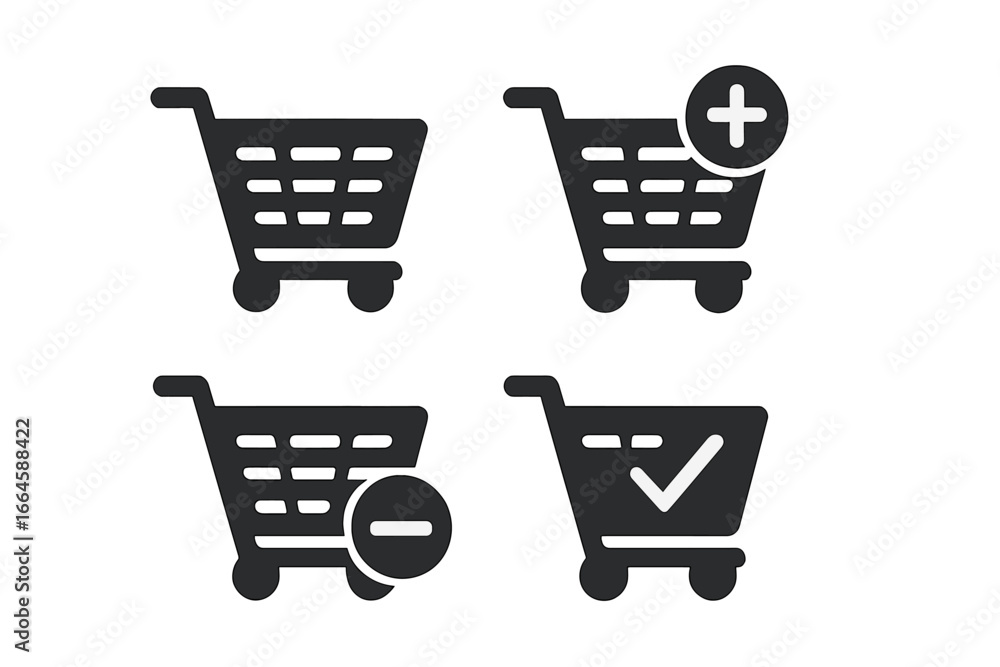 Poster shopping cart solid icon set for e-commerce and retail websites. vector glyph collection for online 