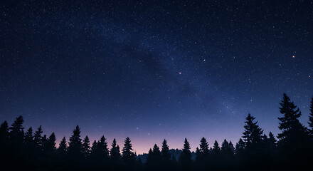 Fototapeta premium Night forest background with starry sky and milky way, tranquil silhouette trees wallpaper design, serene nature landscape view 