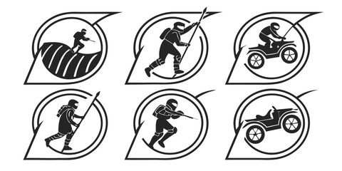 Set of Icons Featuring Athletes and Vehicles