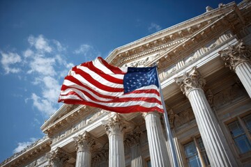 Large American flag waving in front of historic government building on a clear day