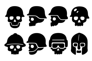 Skull Helmet Silhouette Icon Set. Collection of Bold Graphic Military Skull Icons with Various Helmet Designs. Simple Vector Cartoon Illustration for Emblems, Badges, Stickers, Decals