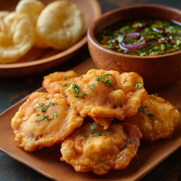 Close-up of crispy beguni fritters with puffed luchi on a wooden table, natural light, Bengali festival mea