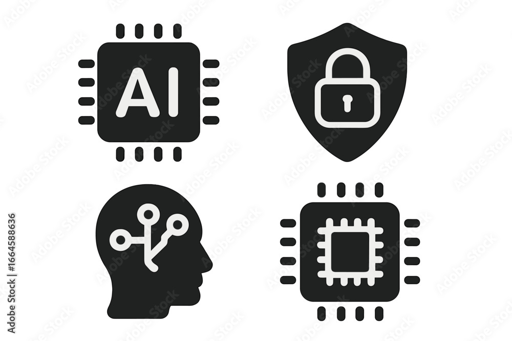 Aufkleber artificial intelligence security cpu processor icon set. ai technology, data protection, cybersecuri
