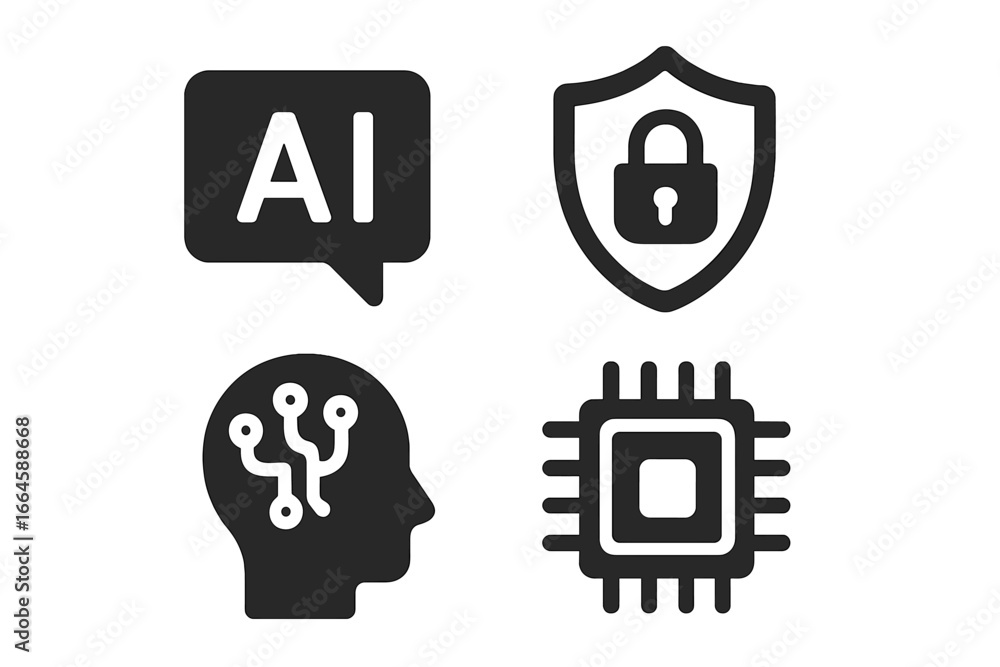 Aufkleber artificial intelligence security icon set. ai processor neural network cyber security shield. tech c