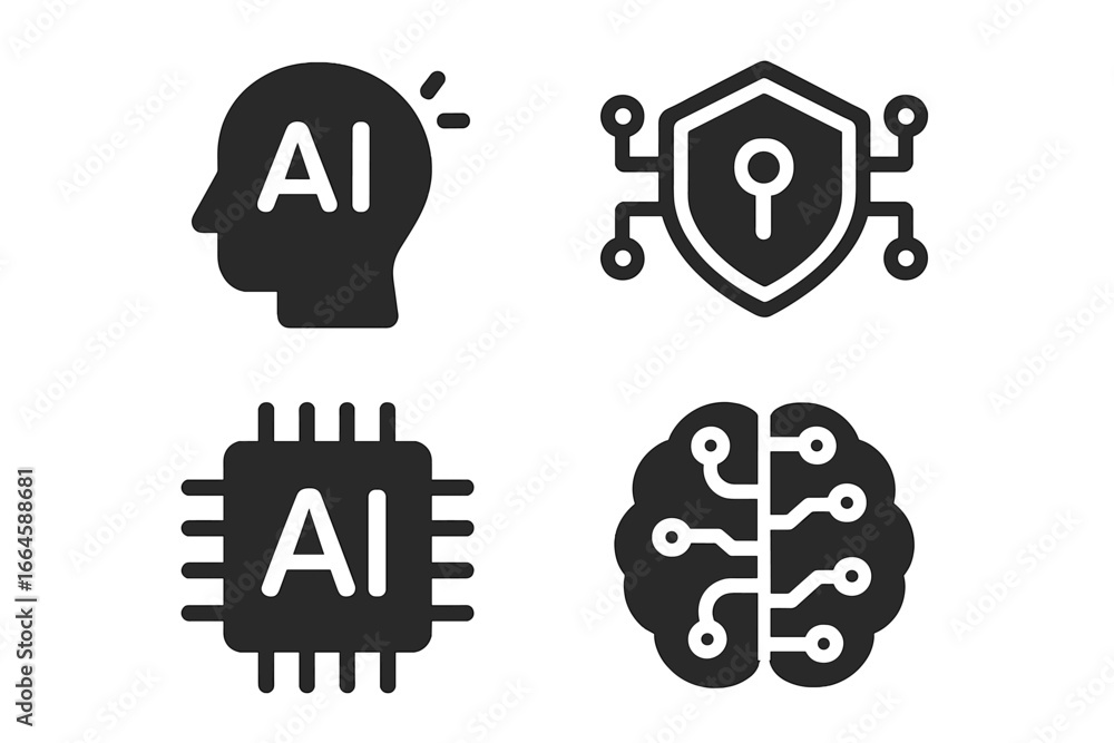 Aufkleber artificial intelligence technology solid icon set. ai brain, security shield, processor chip vector 