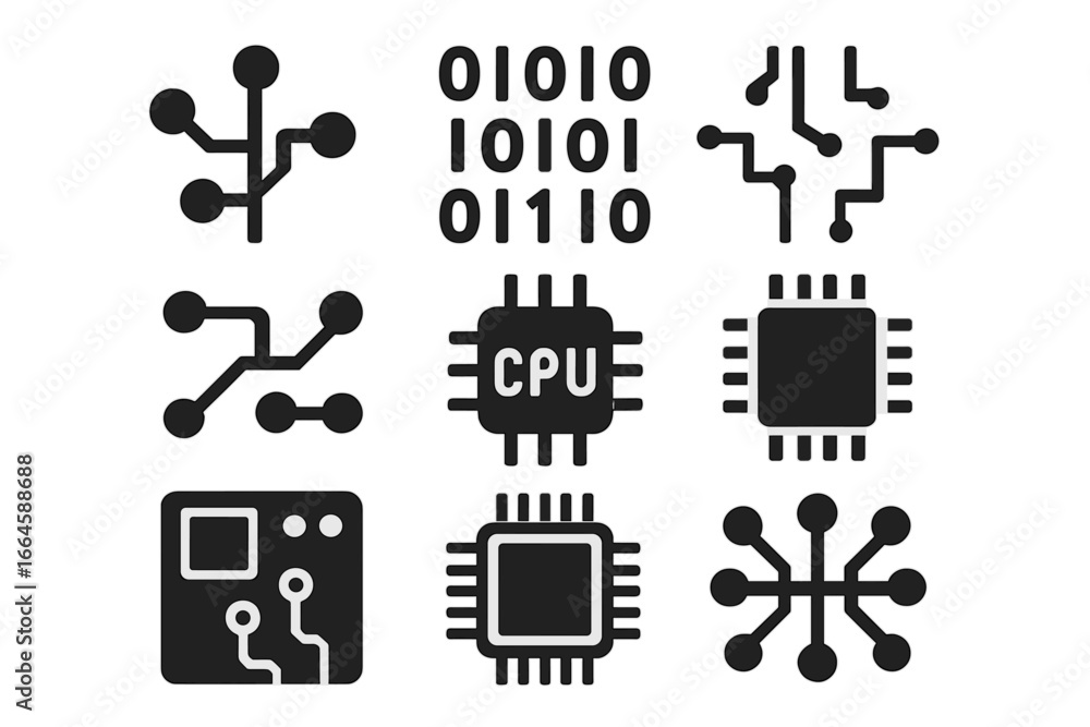 Aufkleber technology computing icon set. circuit board, digital processor, cpu, microchip, binary code. solid 