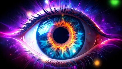 Cosmic eye with fiery iris and violet celestial glows - Powered by Adobe
