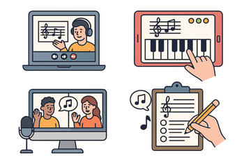 Online music education icon set. Virtual class, e-learning, and distance learning concepts. Teacher and student collaboration, interactive piano app, music theory lesson vector.