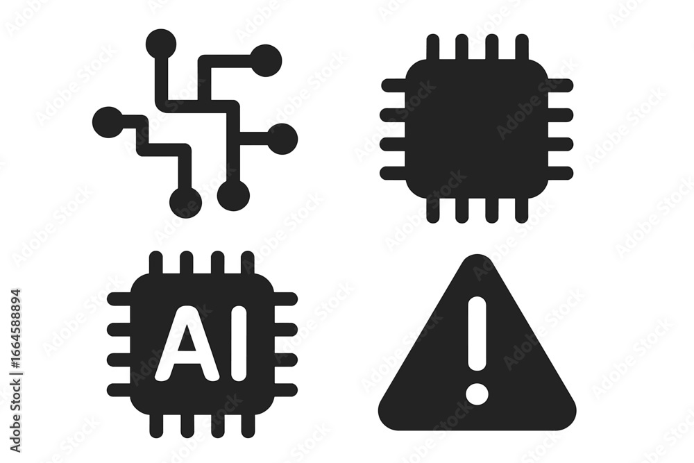 Aufkleber technology electronics solid icon set. circuit board, microchip, ai processor, warning alert symbol.