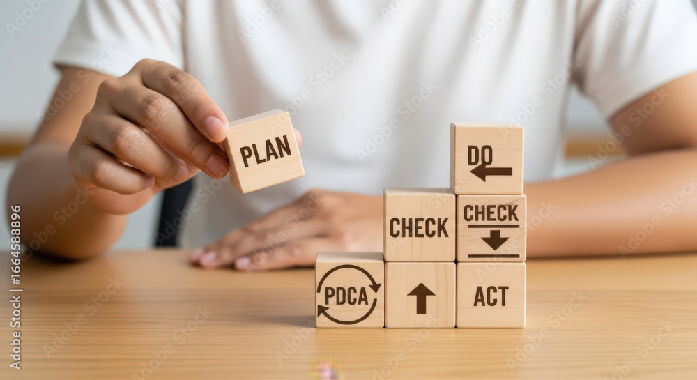 Poster pdca cycle blocks with 'plan, do, check, act' text representing continuous improvement, quality mana