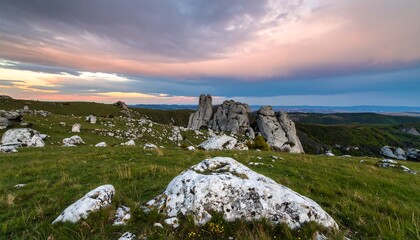 A vast, grassy highland plateau, dotted with large, light-gray rocks, rises under a dramatic, colorful twilight sky.