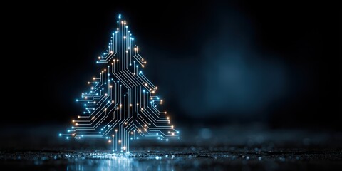 Digital Christmas tree glowing with circuit board design in a dark setting during the holiday season