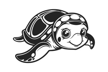 Cartoon Turtle with Big Eyes, Smiling, Swimming on White