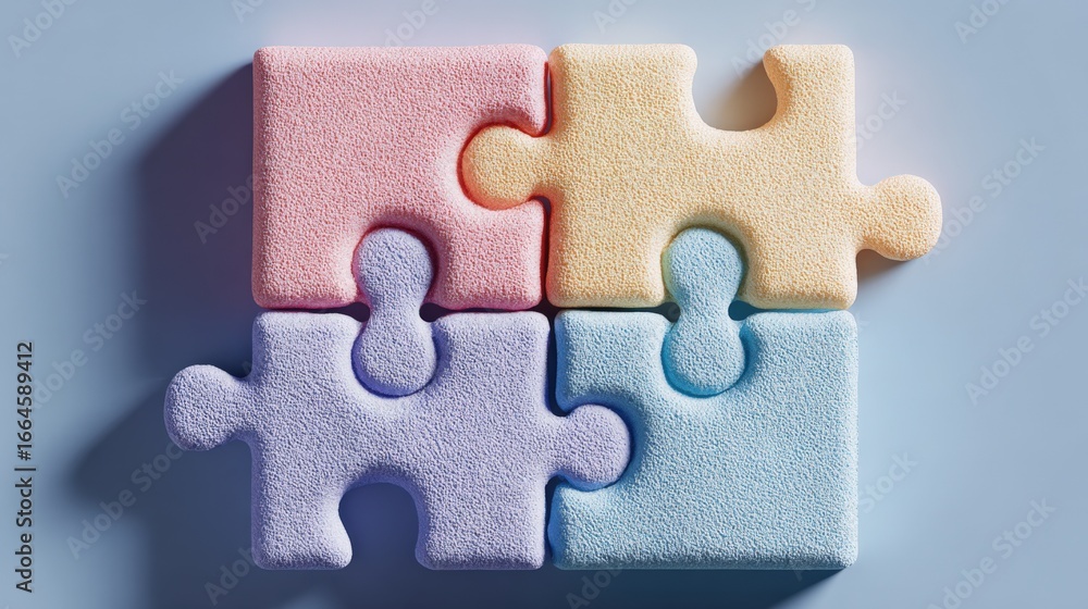 Poster interlocking puzzle pieces in pastel colors symbolizing unity, problem solving, teamwork, and connec