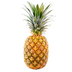Single ripe pineapple, bright yellow, textured skin, lush green leaves