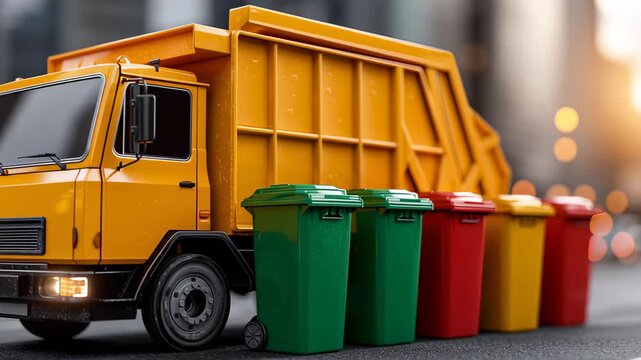 A large, yellow garbage truck is parked on a city street next to a row of colorful recycling bins, ready for the weekly waste collection service.