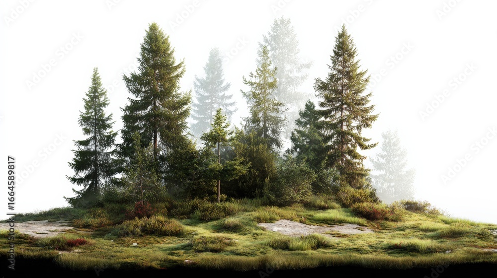 Poster isolated evergreen trees on hillside with fog, perfect for compositing and nature-themed projects
