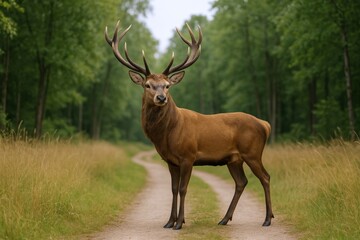 Obraz premium Majestic Stag Portrait: A Red Deer Standing Proudly on a Forest Path in Natural Habitat