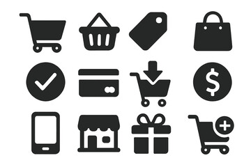 E-commerce and shopping solid glyph icon set. Online store, retail purchase, and payment symbols. Vector collection with cart, basket, bag, tag, credit card, and gift icons.