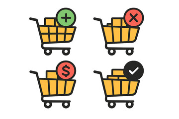 Shopping cart icon set for e-commerce and retail. Vector symbols for online store interface, add, remove, checkout, and confirm purchase. Flat cartoon style illustration.