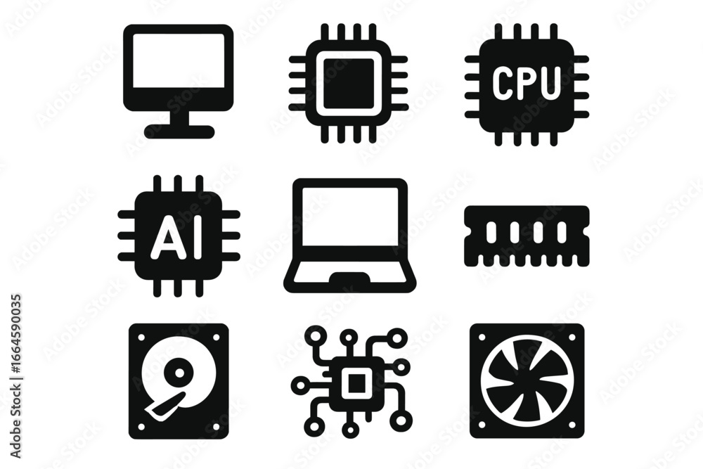 Poster technology hardware solid icon set. computer components and parts glyph collection. vector icons of 