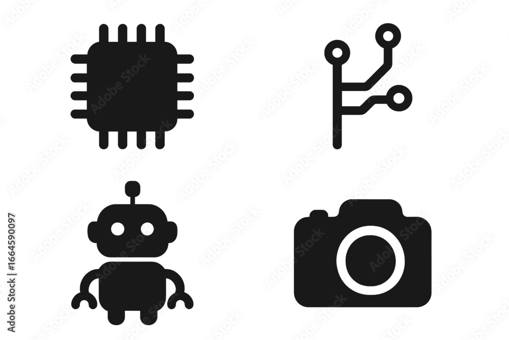 Poster technology solid glyph icon set. microchip, processor, circuit board, robot and camera icons. electr