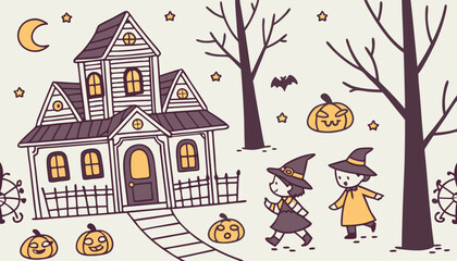Naklejka premium Vector design featuring a cute hand drawn seamless Halloween pattern with creepy houses, kids in costumes, and decorations, suitable for use on textiles, banners, wallpapers, and wrapping