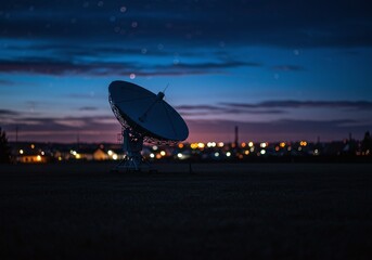 Large satellite dish antenna pointing towards the starry sky during twilight, with a distant town's lights illuminating the horizon and a soft glow from the fading sunset