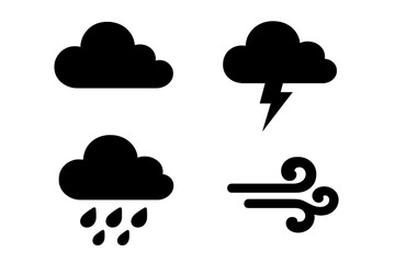 Bold Weather Icon Set. Cloud, Rain, Storm, Wind Silhouette Design. Meteorology Cartoon Vector Illustration for Forecast, Climate, Stormy Seasonal Elements, Transparent Background Clipart Collection