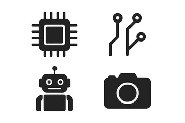 Fototapeta premium Technology solid icon set. Chip, circuit, robot, camera icons collection. Vector glyphs for web and mobile. CPU, microprocessor, AI, electronics, photography symbols.