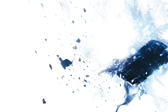 Energetic abstract blast of blue, dynamic particles and fragments on transparent background