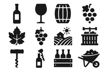 Wine and Vineyard Solid Icon Set. Essential Winemaking Symbols Collection. Grape, Vineyard, Wine Glass, Barrel, Corkscrew, Bottle, Harvest Basket, Farming, Agriculture, Transparent Background