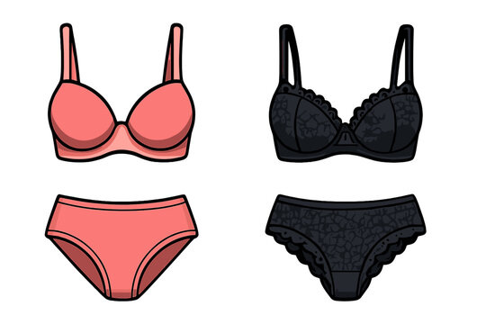 Women's lingerie set vector illustration. Two styles of female underwear, a simple pink bra and panties and a sexy black lace set. Fashion clothing cartoon icon collection isolated.