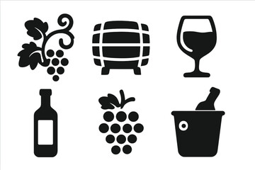 Wine Tasting Solid Icon Collection. Vineyard Grapes, Wine Barrel, Wine Glass, Wine Bottle, Champagne Bucket. Winery Symbols. Black Vector Icons Set for Beverage, Bar, Restaurant Design