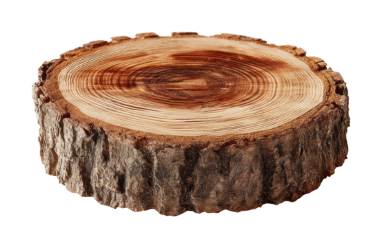 Wooden tree slice display rustic home natural environment view isolated on transparent background, png