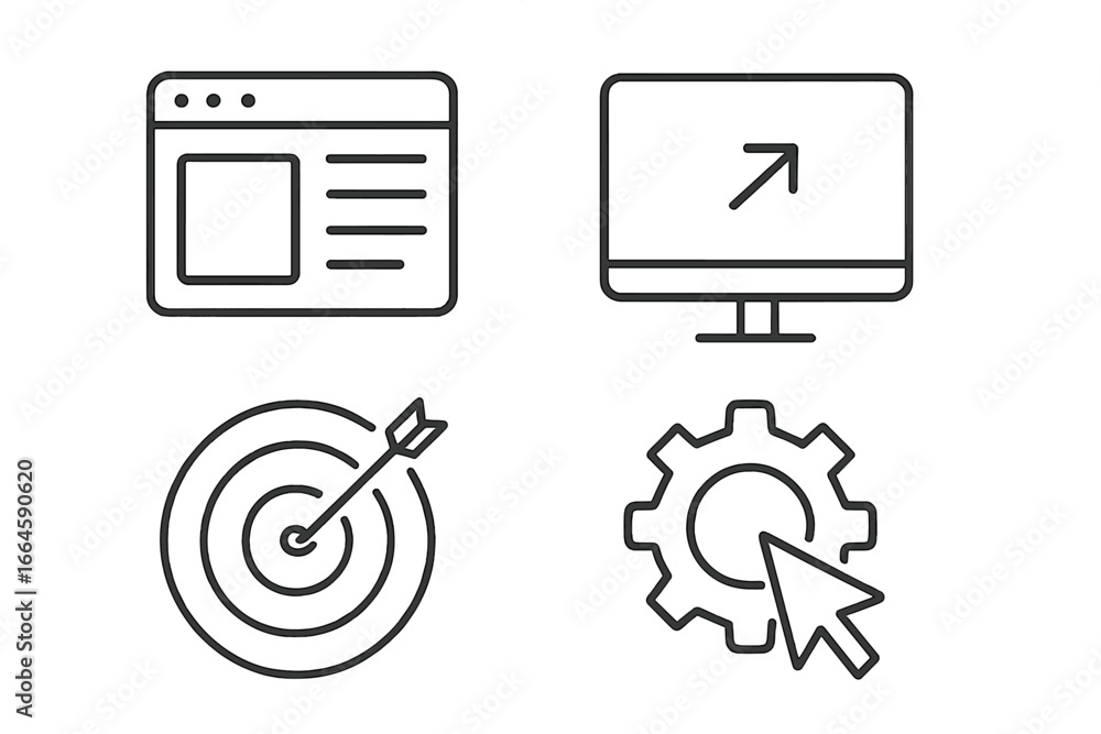 Poster web design & seo icon set. vector linear pictograms for ui, ux interface. website development, digit